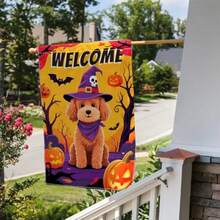 Halloween Teddy Dog Garden Flag 12x18 Double Sided For Outside Scary Pumpkin Yard Flag Burlap Yard Animal Flags Witch Hat Outdoor Fall Holiday Home Seasonal Decorations# DOUYYY