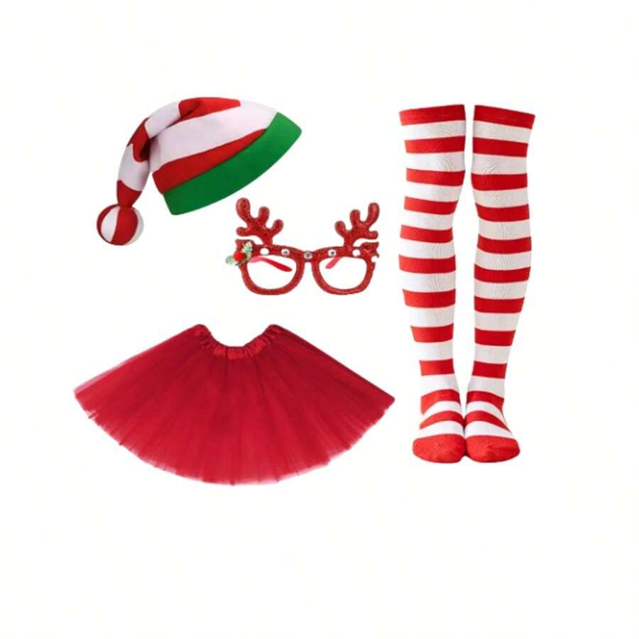 4 件套女士圣诞服装套装圣诞帽 + 芭蕾舞裙 + 条纹袜子和圣诞眼镜节日派对服装可爱的圣诞主题服装非常适合女性圣诞节庆祝活动、节日聚会和节日拍照 - 彩色 - 查看 1