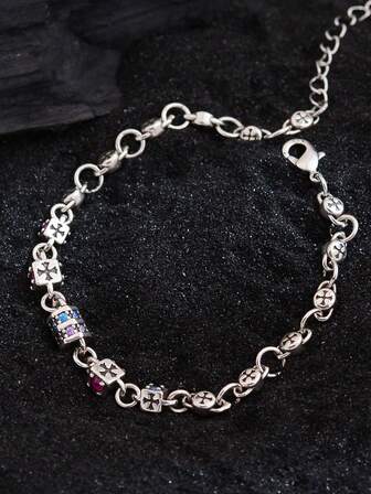 1pc Retro Colored Cubic Zirconia Cross Adjustable Bracelet, Suitable For Daily Wear Women