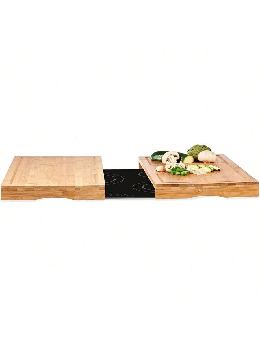 BLOOM STORE - Juego de 2 Tablas de Cortar de Bambú con Función Cubre Vitrocerámica – Protector Multifuncional para Cocina, Encimera y Preparación de Alimentos, 56x54x4 cm - Beis - Ver 1