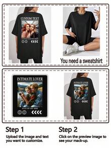 T-shirt oversize style Y2K personnalisé pour femmes, téléchargez votre selfie/photo d'amis/animaux de compagnie/photo de couple, entrez votre texte/bénédiction/nom/texte significatif/amusant, t-shirt noir décontracté ample à manches courtes, cadeau de vacances, marchandise de festival de musique, cadeau spécial, cadeau créatif, t-shirt de couple, t-shirt de meilleure amie, uniforme de team building, personnalisation d'entreprise - Noir - Voir 4
