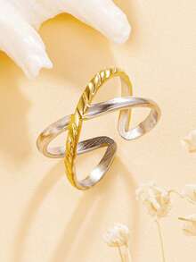 1pc Elegant Hollow Geometric Streamlined Open Stainless Steel Ring, Versatile Multi-Element Band, 18K Gold Vacuum Plating, Waterproof Accessory For Women, Party Wear
