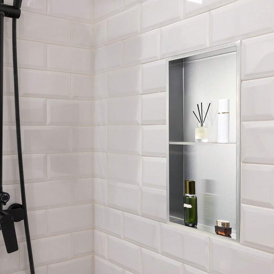 Shower Niche, 13 X 25 X 4 Inch Recessed Wall Niche Double-Layer, With Hollowed-Out Divider,Heavy-Duty Stainless Steel Modern Shampoo Storage Organizer,Waterproof, Silver For Bathroom - Silver Double Layer, Framed 13"x25"x4" - View 1