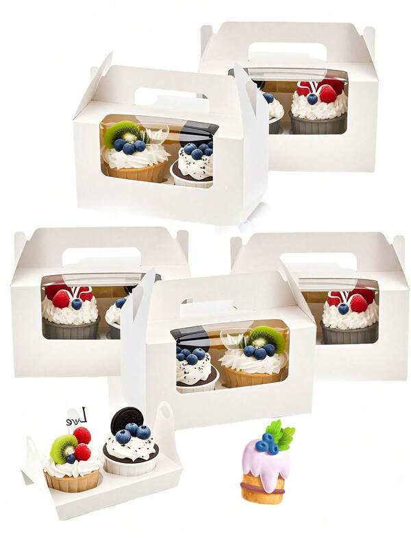 4pcs/Set White Paper Cupcake Boxes With Inserts, Handles And Windows, Portable Paper Cupcake & Muffin Containers, Hill Bakery Gift Boxes For Party Favors, Suitable For Wedding, Birthday, Baby Shower