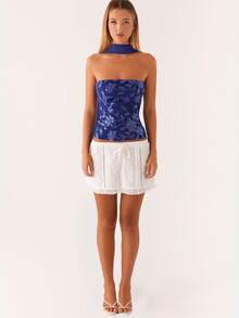 Women Crop Tube Tops And Scarf Summer Sequin Floral Embroidery Bandeau Backless Shirts For Streetwear - 藏青色 - 查看 2