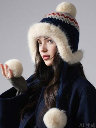 1pc Women's Autumn/Winter Thick Warm Knitted Hat With Fur Trim, Windproof Earflap Pom Pom Beanie For Daily Wear And Outdoor Activities