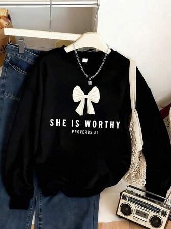 Teen Girl Bow Lettering Print, Casual Style, Round Neck Sweatshirt, Can Be Worn In Winter And Autumn,Suitable For Students To Wear When Daily Wear, Party, School, Attending Music Festivals, Vacation, Commuting.