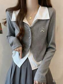 女式休闲 Polo 领前开扣长袖二合一 T 恤，春/秋 - 灰色 - 查看 1