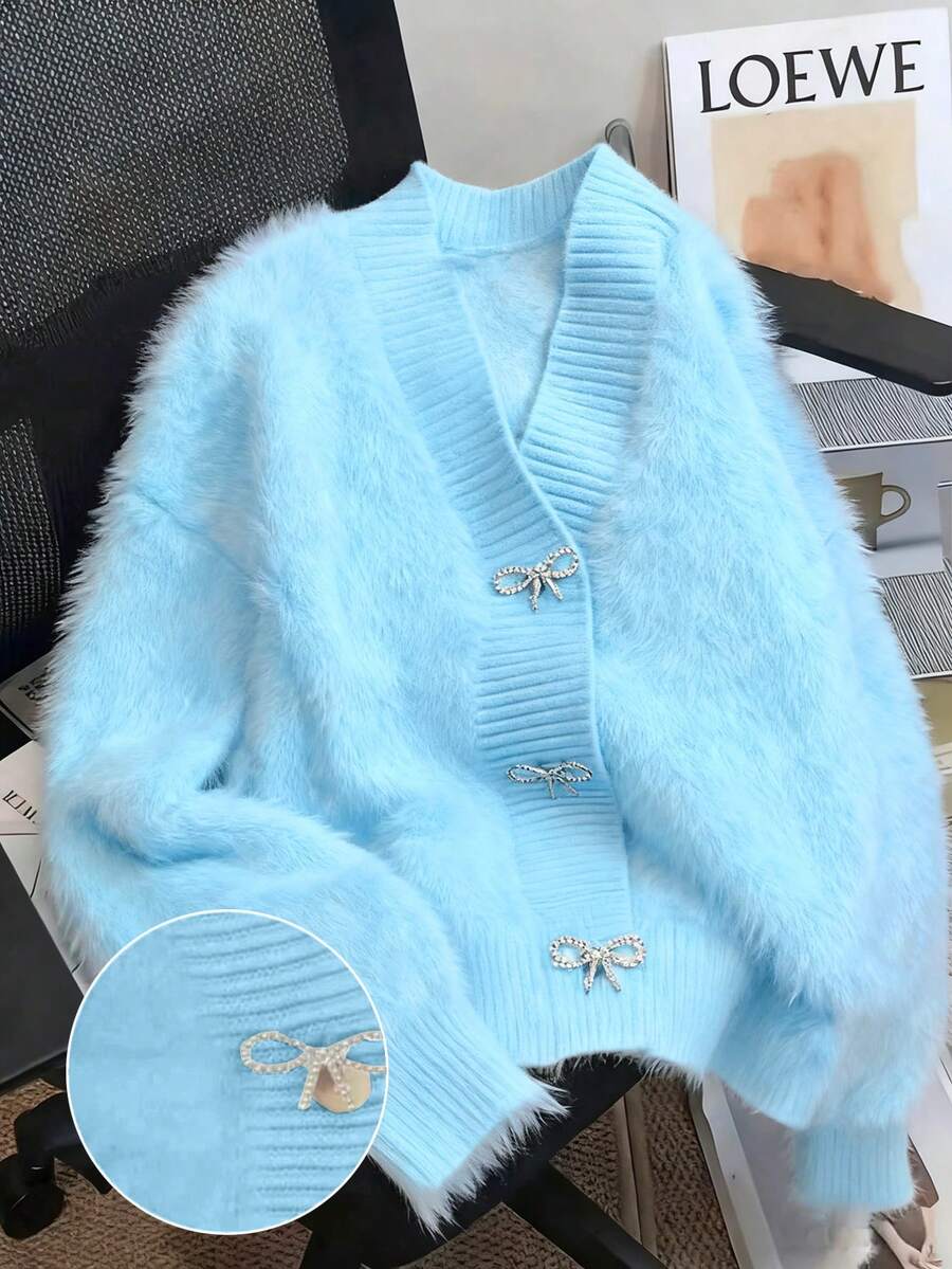 女士柔软仿羊绒开衫,蝴蝶纽扣,纯色前扣罗纹针织 - 藍色 - 查看 1
