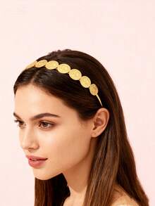 女士双层奥斯曼硬币图案发箍，复古摩洛哥镀金优雅发饰，适合派对、节日、准新娘等场合佩戴。 - 亮黃色2 - 查看 3