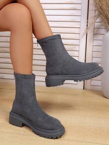 Giày bốt cổ ngắn đế dày bằng da lộn mới, kiểu dáng ôm sát tôn dáng, có khóa kéo phía sau, phù hợp cho công sở, tiệc tùng, mùa thu/đông. - Xám - Xem 7