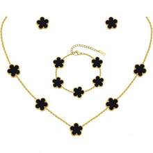 Gold Bracelets Earring Set - 18K Gold Plated Flower Bracelet Chain,Stainless Steel Non Tarnish Floral Pendant Stud Jewelry Sets,Birthday Lucky Mom Wife Daughter Girlfriend - 黑色 - 查看 12