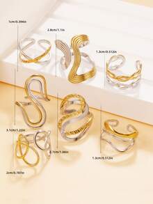 1pc Elegant Hollow Geometric Streamlined Open Stainless Steel Ring, Versatile Multi-Element Band, 18K Gold Vacuum Plating, Waterproof Accessory For Women, Party Wear