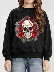 Tween Girls Rose Skull Pattern Round Neck Long Sleeve Sweatshirt, Casual Pullover, Suitable For Daily Wear - Black - View 8