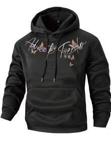 1pc Plus Size Men's Floral Letter Print Hoodie Sweatshirt, Suitable For Casual Everyday Wear, Autumn/Winter