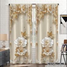 2 Pcs Polyester Light Filtering Curtains - High Definition White Gold Flower Pattern Printing For Bedroom, Living Room, Office And Home Decor, Rod Pocket Design - Multicolor - View 2