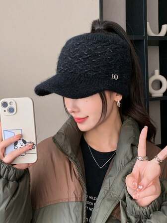 1個 レディース 無地 ニット バイザー ビーニー 帽子、多用途 ファッション 暖かい リブ編み ポニーテール穴付き キャップ 秋冬用