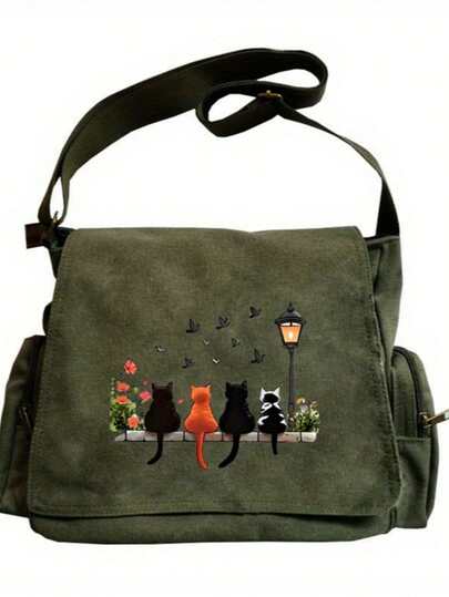 Dedoo Borsa a spalla di grande capacità, borsa a tracolla vintage con patta, borsa a tracolla con motivo di 4 gatti seduti su un tavolo di pietra, adatta per varie occasioni come lo shopping, i viaggi, i pasti, regalo perfetto per gli amanti degli animali domestici