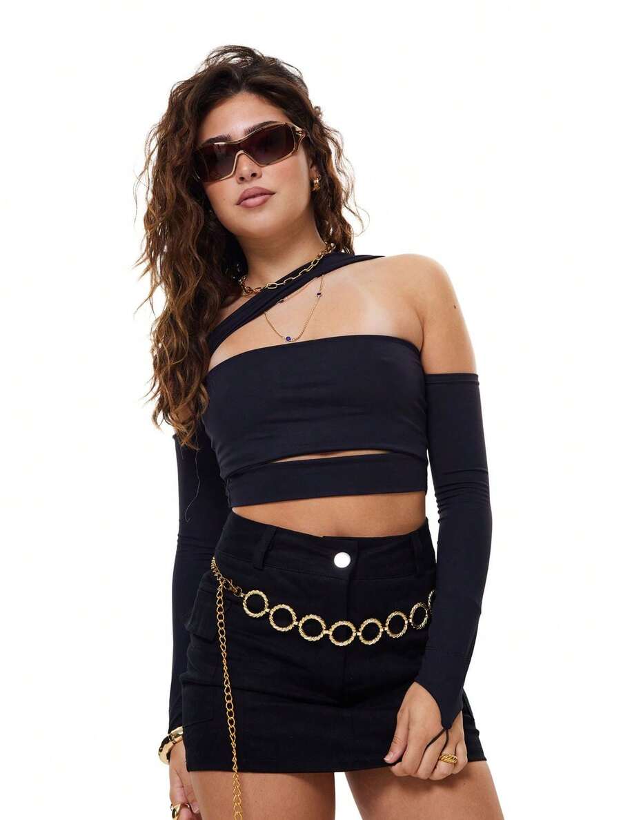 Cropped Feminino Assimétrico Manga Com Dedeira Estilosa Moda Gringa - Preto - Visão 1