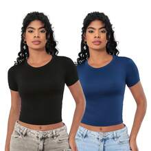 Women's Ribbed Crew Neck Short Sleeve Crop Top, High Stretch Polyester Tank Top, Asymmetrical Hem, Slim Fit Casual T-Shirt - 黑色/藍色 - 查看 5