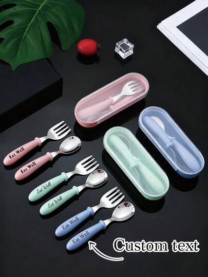 Customized 304 Stainless Steel Children's Cutlery Set, Spoon And Fork, Baby Feeding Utensils, Portable Outdoor Cutlery Set, Christmas Gift For Baby