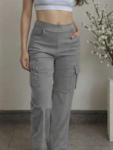 Plus Size Women Solid Color Loose Casual Fashion Utility Pants - Grey - View 1