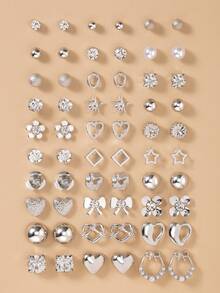 60pcs Fashion Metal Butterfly, Heart, Rhinestone, Moon, Bow Knot, Flower Stud Earrings Set, Jewelry Gift, Everyday Wear For Women - Silver - View 6