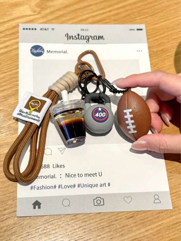 Rugby & Eiskaffe Geflochtene Kordel Taschenanhänger, Set mit 3 Schlüsselanhängern, Schlüsselanhänger für Damen und Herren, abnehmbar, perfekte Wahl für Fitnessenthusiasten, ideales Geschenk für Unisex, geeignet zum Dekorieren von Rucksäcken, Schlüsseln