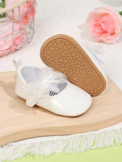 1 par de zapatos de princesa Mary Jane sólidos, con diseño de lazo de PU, planos, antideslizantes y transpirables, adecuados para primavera/otoño