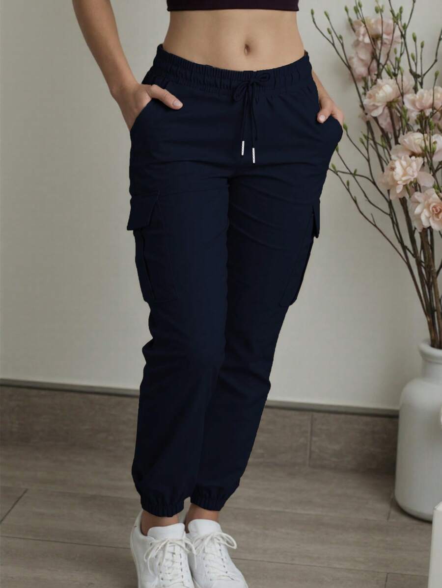 Plus Size Women's Fashion Elegant Solid Color Casual Drawstring Waist Cargo Pants