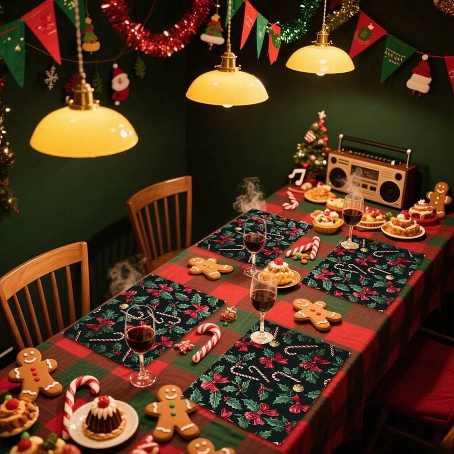 1pc/4pcs/6pcs/100pcs Christmas Walking Stick Pattern Printed Placemats, Heat-Insulating Placemats, Suitable For Home Decoration, Holiday Dining, Kitchen And Party Decoration, Party Placemats, Can Be Given As Christmas Gifts