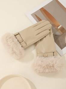 1 双女士皮手套，带毛茸茸袖口，时尚保暖内衬触摸屏手套，防水防风 PU 皮手套 - 米色毛口皮帶扣 - 查看 4