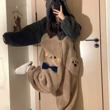 Long-Sleeve Zipper Fleece Party Pajamas COSPLAY Loungewear And Women'S Thickened Plush Hooded Novelty Jumpsuit, Cartoon Bear Hooded Color Block Plush Body Suit, Suitable For Carnival, Halloween And Music Festival - 駝色 - 查看 3