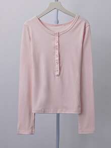 Korean Style Sweet & Hot Girl Pink Long Sleeve T-Shirt, Autumn/Winter, Half-Collar, Slim Fit, Layering Undershirt - Pink - View 3