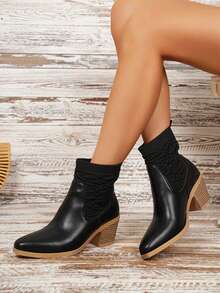 Western Style Solid Color Side Zipper Fashion High Heel Ankle Boots - Black - View 3