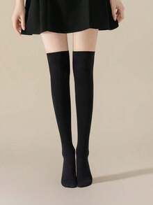 1 Pair Solid Color Comfortable Knee-High Socks, Lightweight Thigh-High Stockings For Women - màu đen - Xem 4