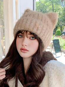 قبعة نسائية صلبة اللون من الفرو الناعم بطراز بوهيمي كاجوال ريترو ملكي، قبعة دافئة محبوكة بأذن قطة وفيونكة مناسبة للاستخدام الخارجي في فصلي الخريف والشتاء