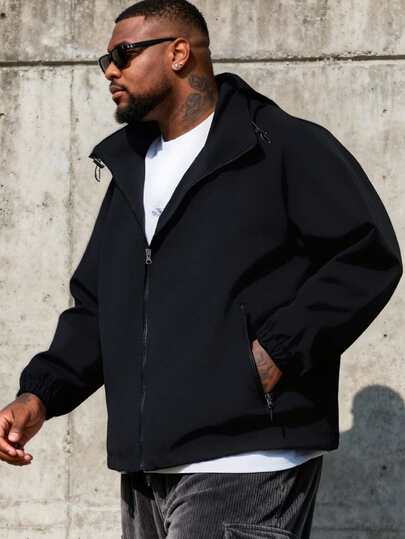 男士加大码纯色长袖拉链休闲连帽衫，秋季款