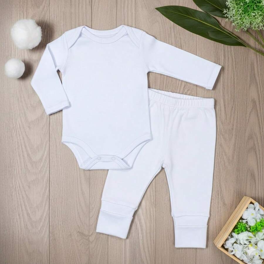 100% Cotton Baby Set Long Sleeve Bodysuit + Unisex Reversible Footed Pants - White - View 1