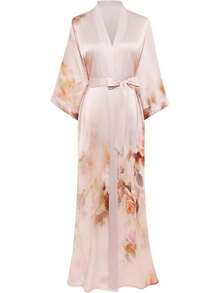 Women's Long Satin Silky Kimono Robe - Japanese Bathrobe Nightgown Loungewear Blouse - 玫瑰香檳 - 查看 12