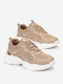 Soft Casual Sneakers Women's Flat Thick Sole Metal Accent Sport Spring/Fall - Khaki - View 4