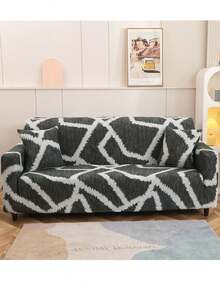 1pc Geometric Pattern Stretch Full Cover Sofa Slipcover, Modern Style Polyester Fabric, Machine Washable, Suitable For All Seasons, Pillow Cover Not Included - Black and White - View 8