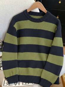 1件青少年男童宽松舒适休闲条纹撞色针织毛衣，长袖加厚针织套头衫，秋冬季