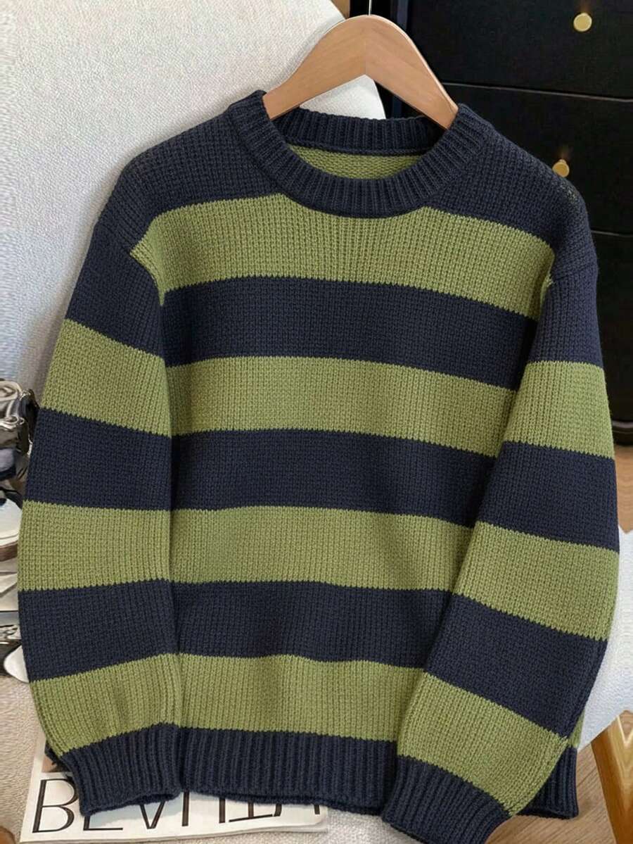 1件青少年男童宽松舒适休闲条纹撞色针织毛衣，长袖加厚针织套头衫，秋冬季