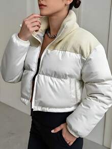 Women's Short Padded Coat, Color Block Patchwork Corduroy Zipper Stand Collar, Suitable For Parties, Dates, Daily Wear In Autumn/Winter