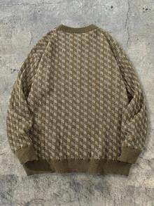 男士休闲复古提花针织套头毛衣，轻薄圆领长袖针织衫，秋冬季 - 綠色 - 查看 3