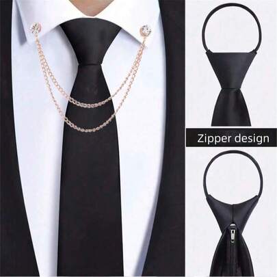 2 pezzi Cravatta nera da uomo con colletto a doppio strato con catena e spilla con strass, larghezza 8 cm, chiusura con cerniera, colore unito liscio adatto per affari e casual