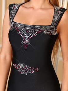 Love Aing Rhinestone Embellished Vintage Luxurious Formal Evening Party Elegant Dress, Women's Black Glamorous Ball Gown