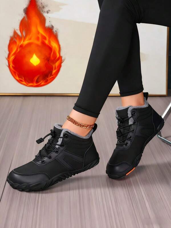 Women's Snow Boots Short Boots, Warm Thermal Lined Outdoor Short Boots, Flat Wide Toe, Lace-Up Fashion Casual Boots For Winter