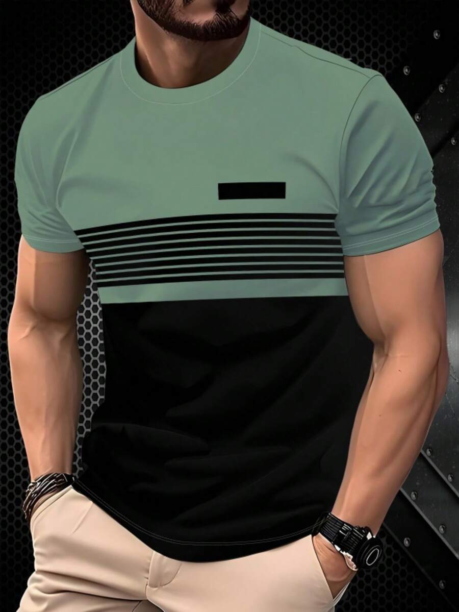 Men's 3D Printed Minimalist Dual-Color Line Pattern T-Shirt, Casual Short Sleeve Summer Outdoor Pullover, 100% Polyester, Stretchy & Breathable Fabric - Multicolor - View 1
